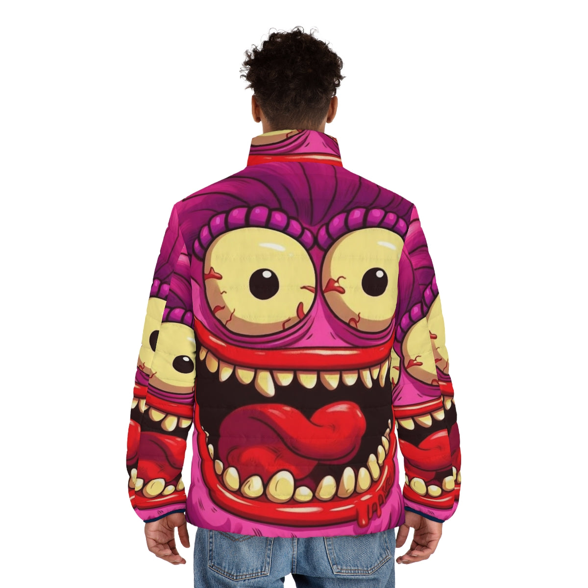 Colorful and vibrant puffer jacket featuring the Big Mouth hormone monster - men back