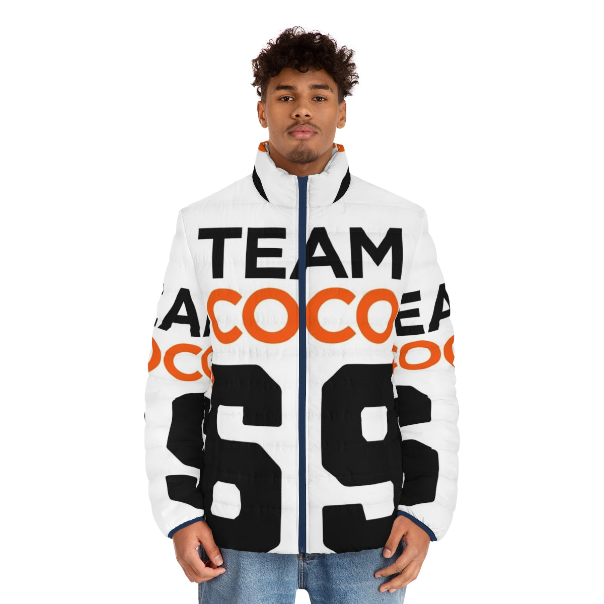 Team Coco football jersey style puffer jacket featuring Conan O'Brien's logo - men front