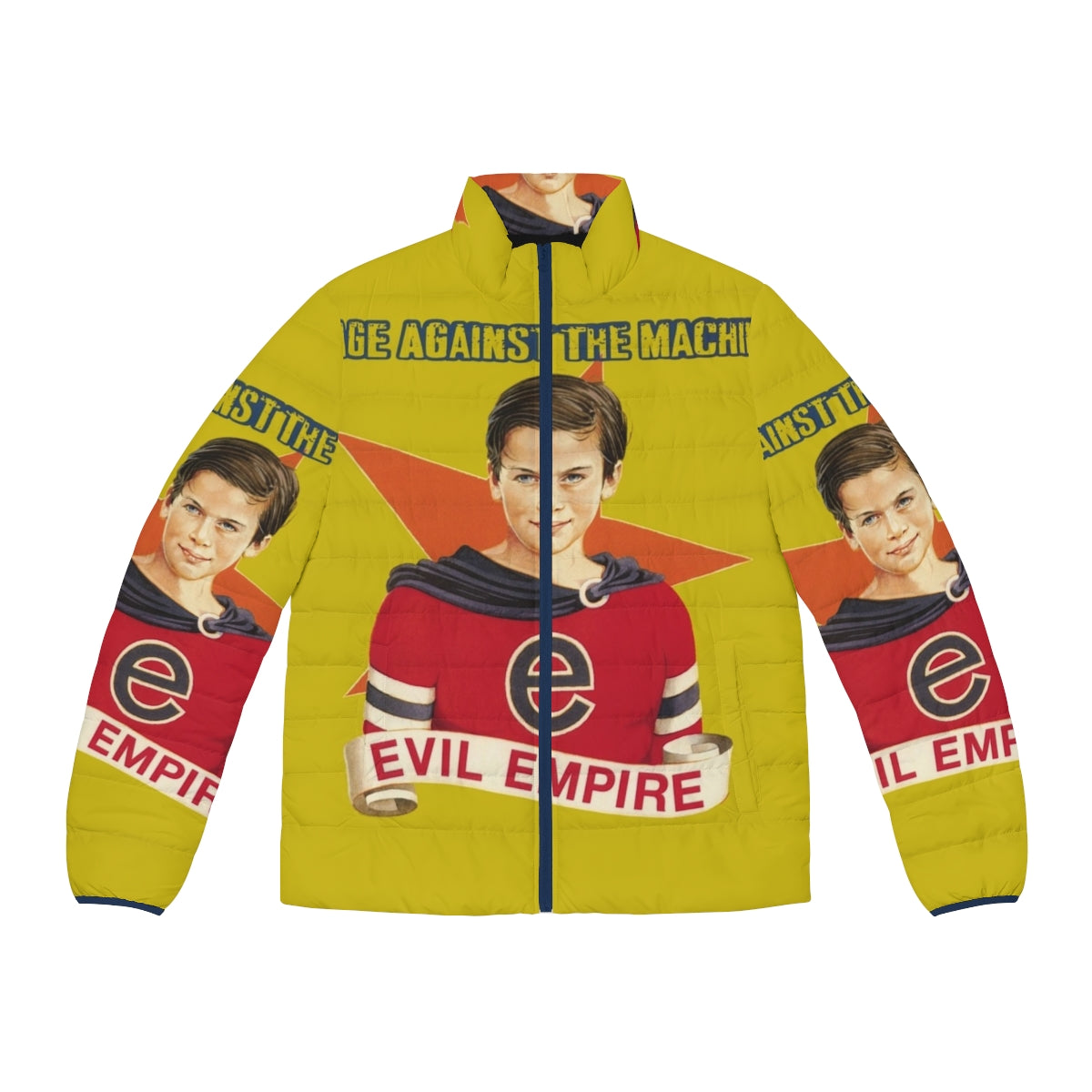 Rage Against the Machine inspired puffer jacket with the Evil Empire album cover design