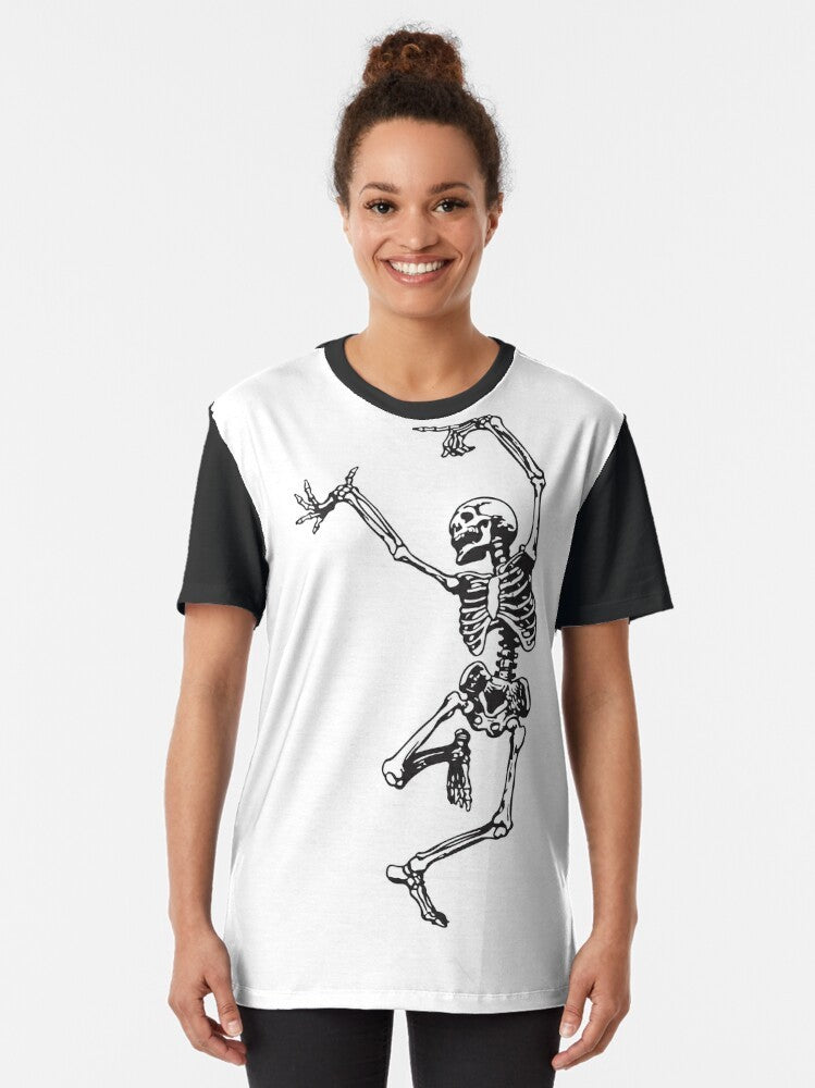 Vintage-style graphic t-shirt featuring a skull design with occult and magical elements. - Women