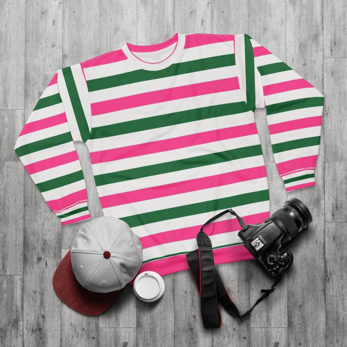 Deckchair Stripes Forest Green and Pink Sweatshirt - flat lay