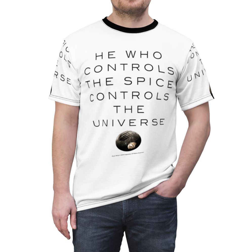 Dune inspired sci-fi t-shirt featuring a desert landscape and cosmic elements - men front