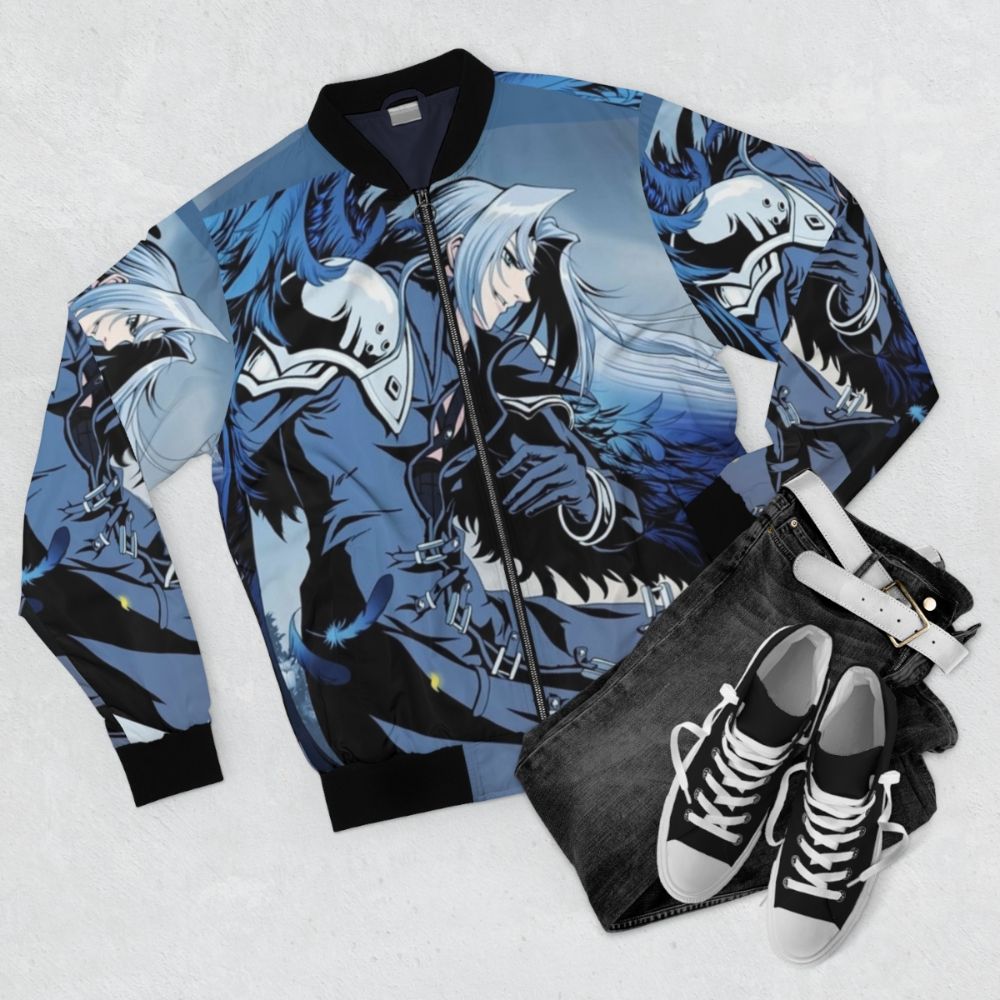 Sephiroth inspired bomber jacket with dark, evil design - Flat lay