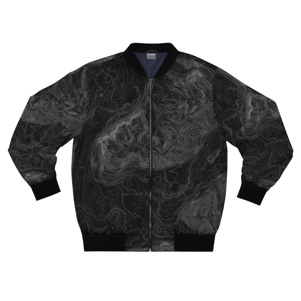 North Bend Topographical Map Bomber Jacket with Mountain and Hiking Iconography