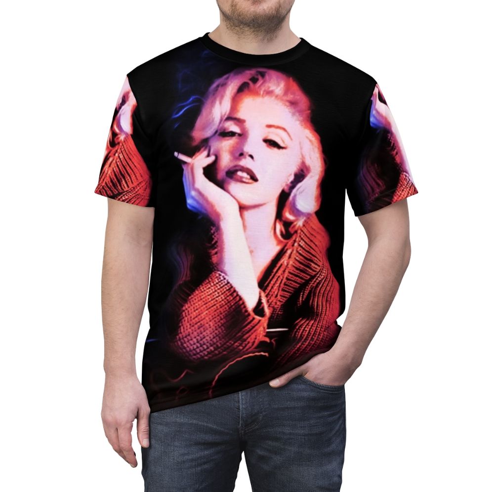 Vintage-style graphic t-shirt featuring a pop art portrait of the iconic Hollywood star Marilyn Monroe - men front