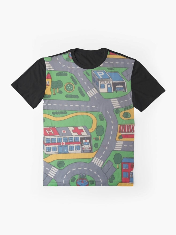 Playmat graphic t-shirt featuring a nostalgic childhood design - Flat lay