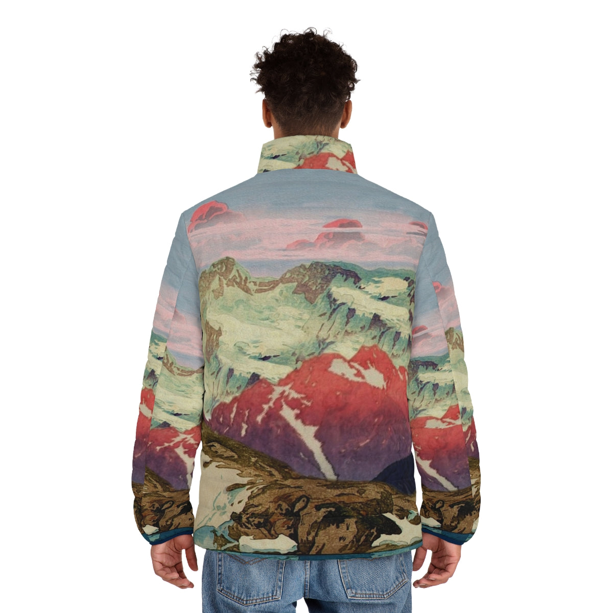 Keiisino Japanese Landscape Puffer Jacket featuring a winter nature scene with mountains, snow, and sunset colors - men back