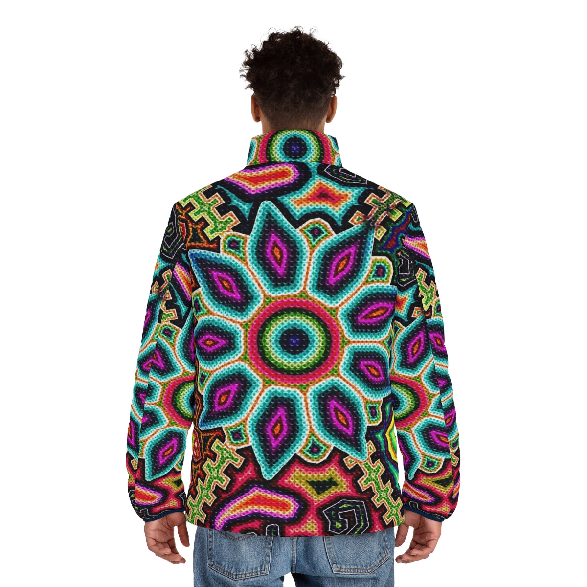 Huichol Art Mexico Puffer Jacket with Vibrant Colors and Traditional Designs - men back