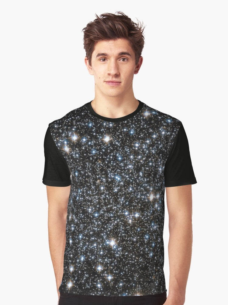 Glittering galaxy graphic design t-shirt featuring stars, nebulae, and cosmic elements - Men