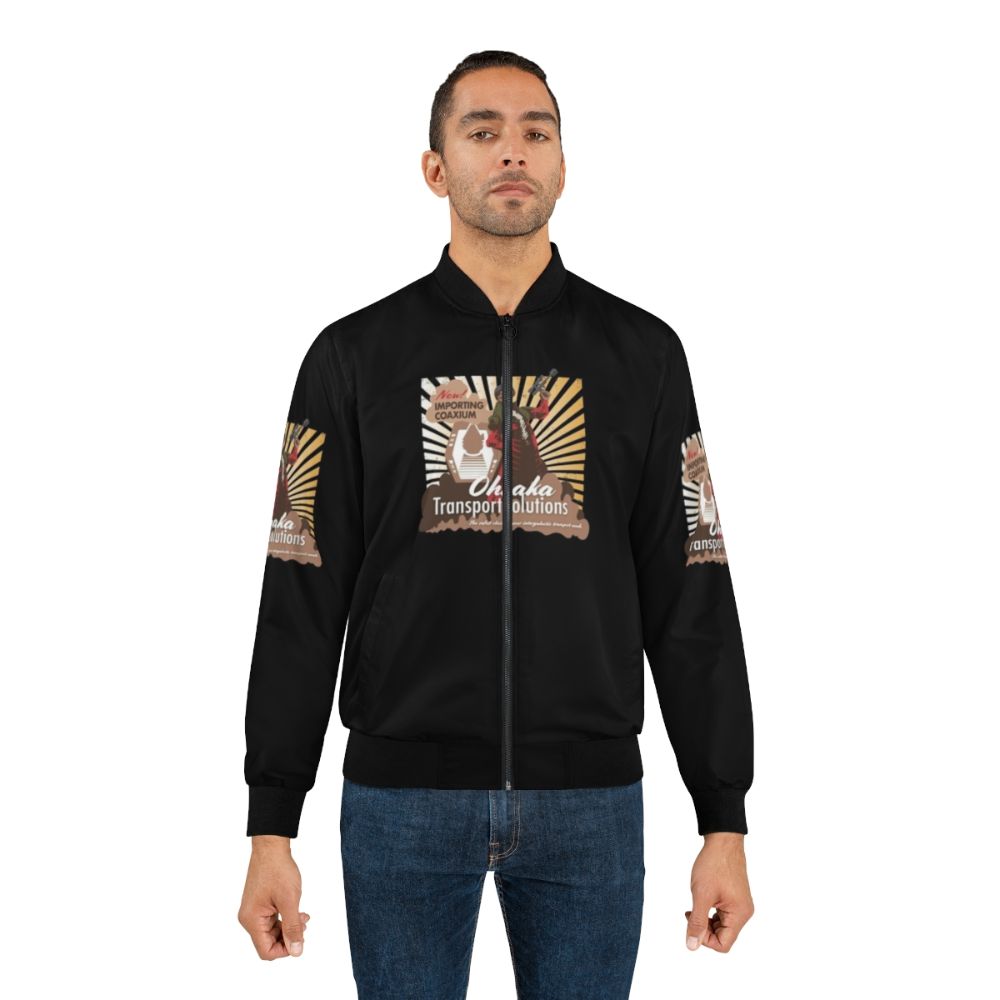 Star Wars Hondo Ohnaka Transport Solutions Bomber Jacket with Millennium Falcon and Galaxy's Edge elements - Lifestyle