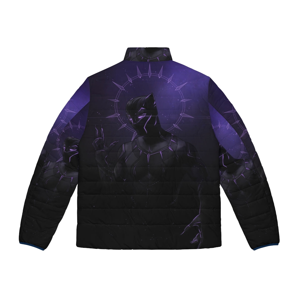 A black and purple puffer jacket featuring a panther design, perfect for the superhero-inspired look. - Back