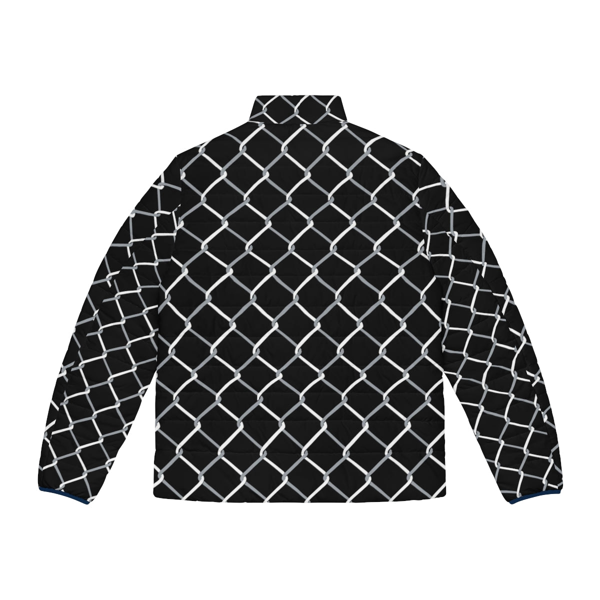 A chain link puffer jacket in black color, perfect for winter outerwear - Back