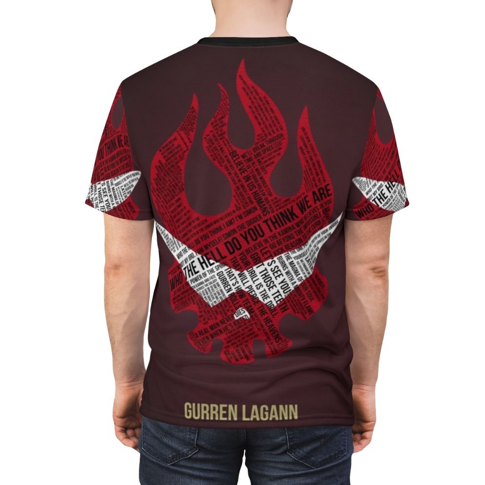 Anime-style Gurren Lagann typography design on a high-quality t-shirt - men back