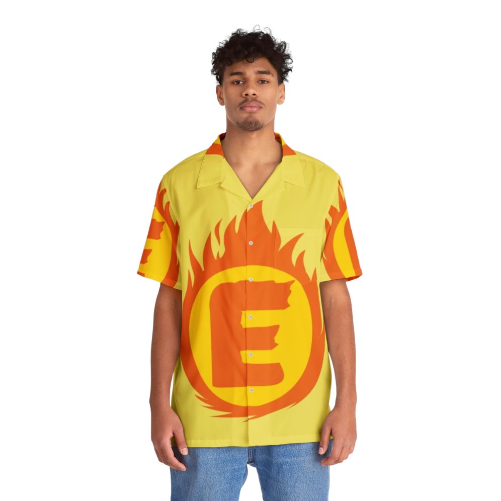 Superhero Letter E Fire Insignia Hawaiian Shirt - People Front