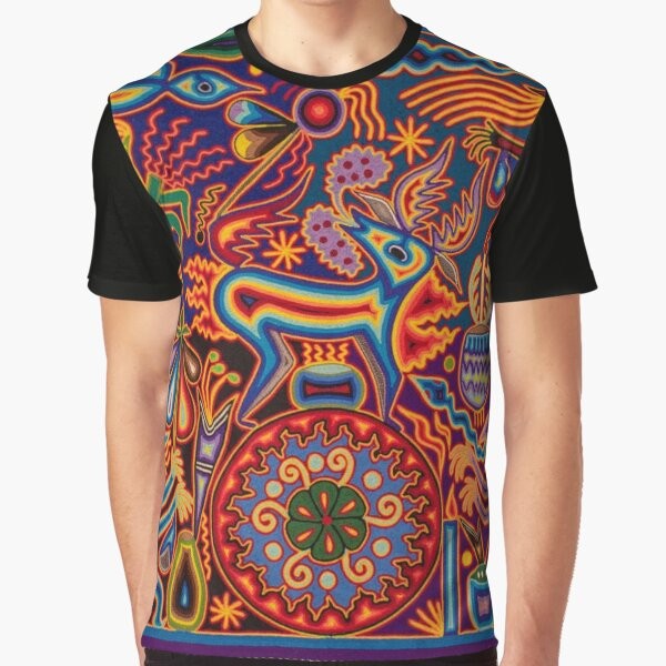 Vibrant Huichol-inspired graphic t-shirt featuring colorful Mexican cultural elements and symbols like skulls, flowers, and abstract patterns.