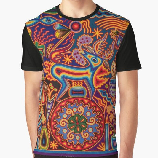 Vibrant Huichol-inspired graphic t-shirt featuring colorful Mexican cultural elements and symbols like skulls, flowers, and abstract patterns.