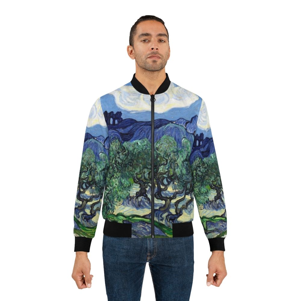 Bomber jacket featuring Vincent van Gogh's famous painting "Olive Trees with the Alpilles in the Background" - Lifestyle