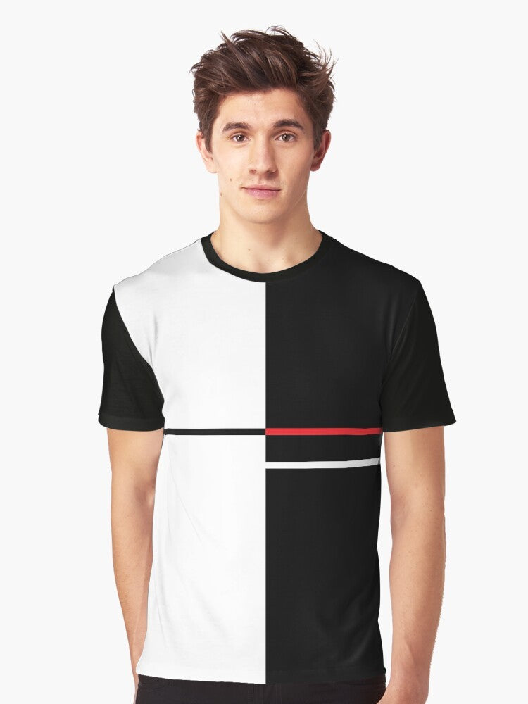 Minimalist, monochrome graphic t-shirt design featuring the Monokuma character from the Danganronpa anime and video game series. - Men