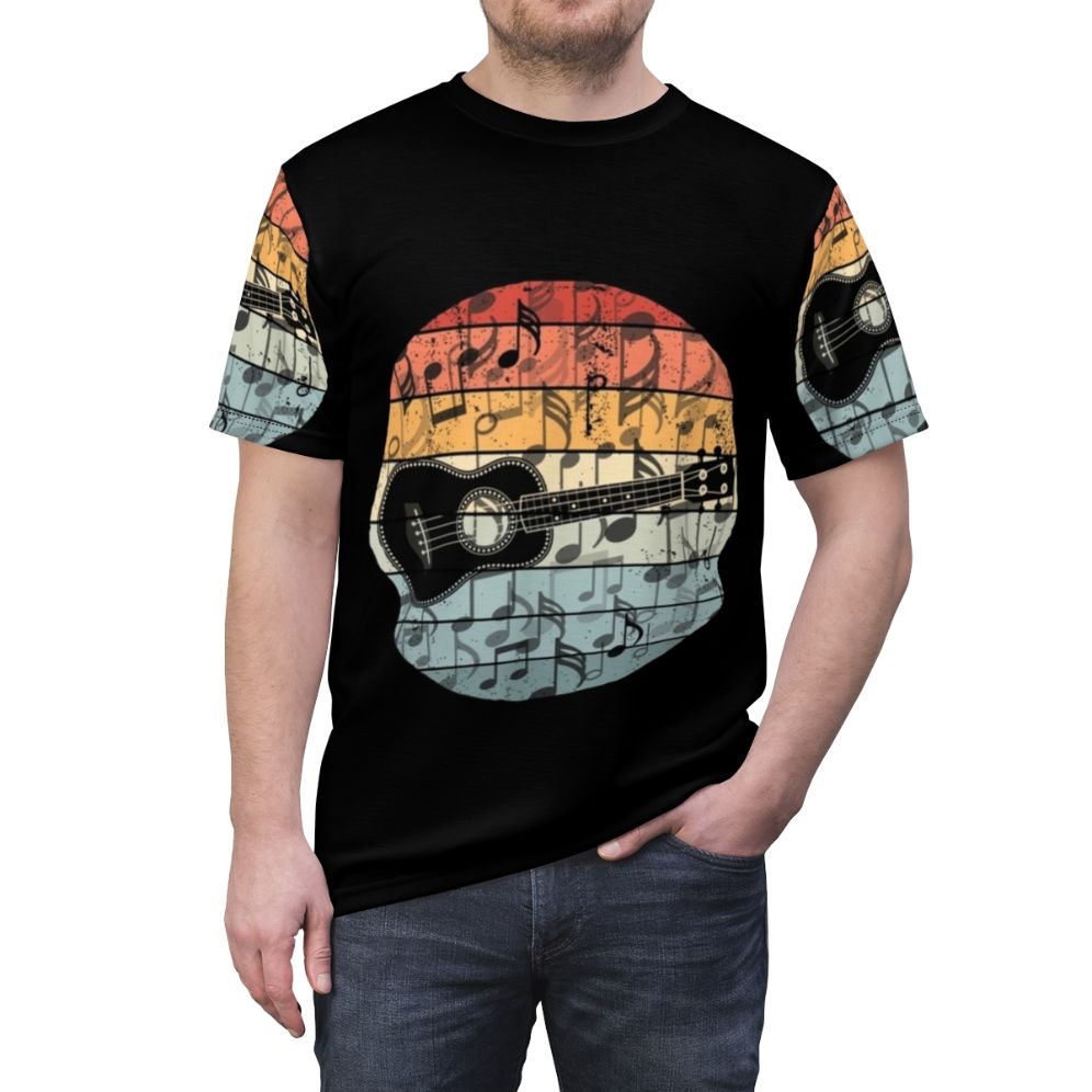 A vintage-inspired t-shirt featuring a retro ukulele player design, perfect for music lovers and ukulele enthusiasts. - men front