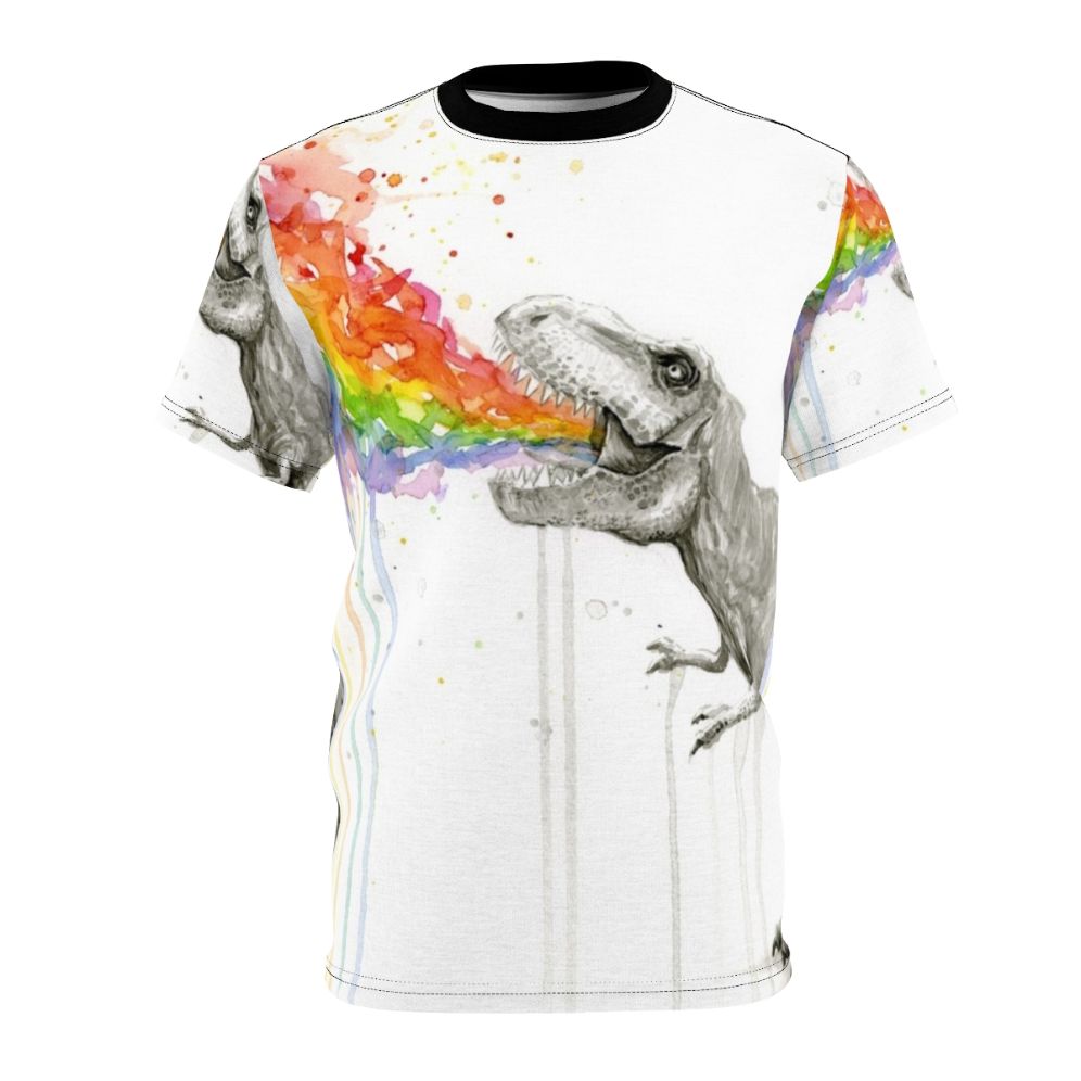 Whimsical illustration of a T-Rex dinosaur vomiting a rainbow of colors on a colorful t-shirt.