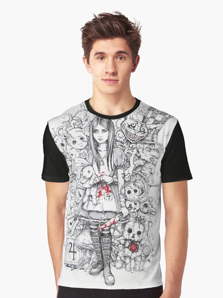 "Wonderland Shattered" graphic tshirt featuring a dark and surreal take on the Alice in Wonderland theme - Men