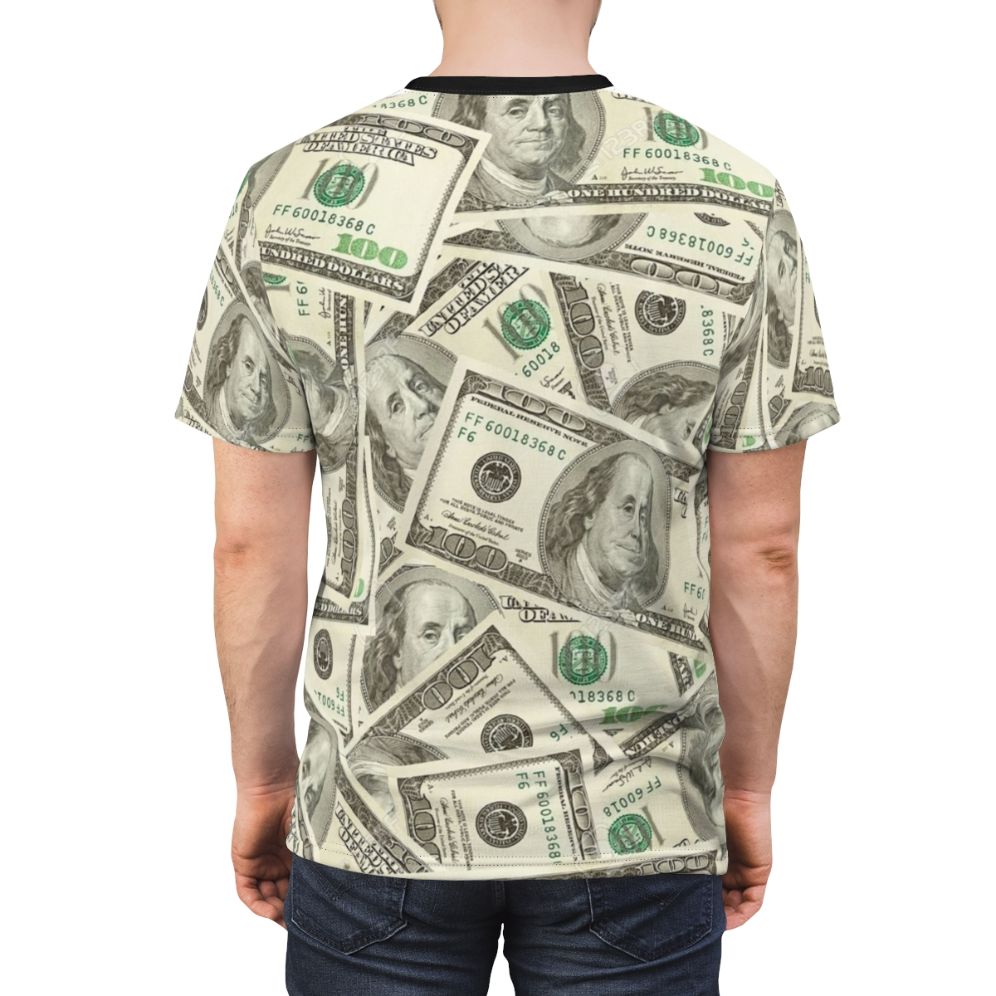 Stylish t-shirt featuring a cool, graphic design of 100 dollar bills. - men back