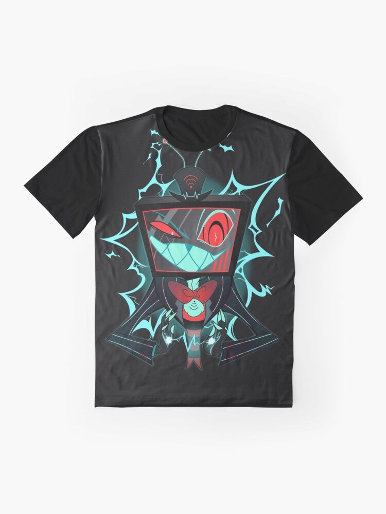 Vox Graphic T-Shirt featuring a hellish TV demon design inspired by the Hazbin Hotel animated series - Flat lay