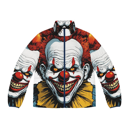 Spooky evil clown wearing a vintage-inspired puffer jacket