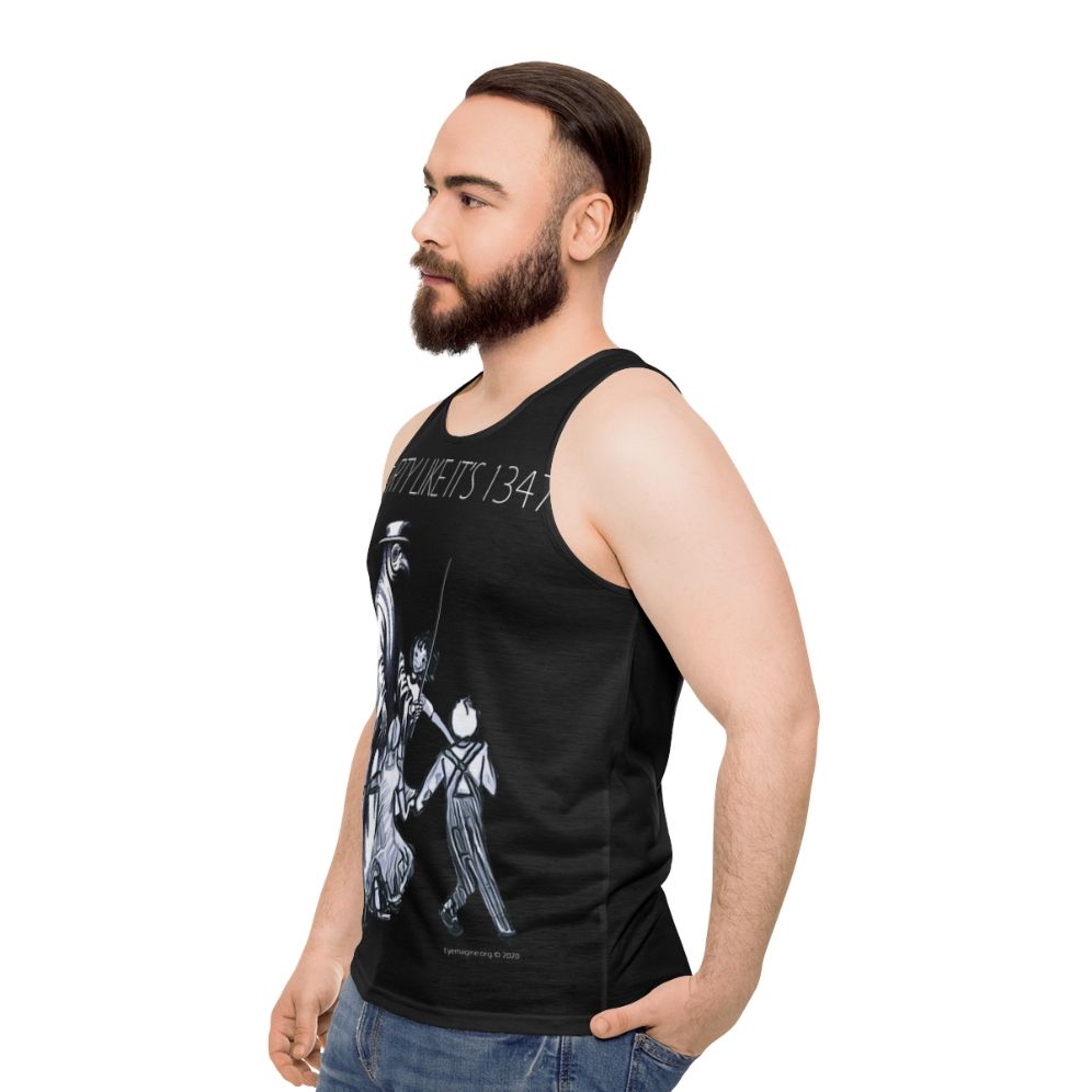 "Party Like It's 1347" unisex tank top featuring plague doctor design - men side