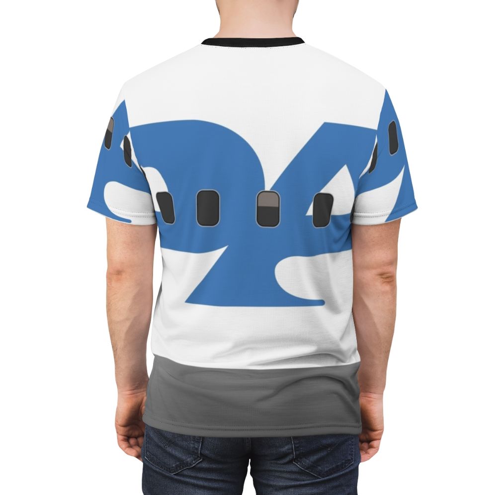 Model wearing a vintage-style t-shirt featuring the iconic Pan Am airline logo and aircraft silhouettes. - men back