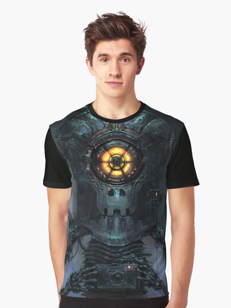 Inscryption graphic t-shirt featuring a Shutterbug design with a robotic, cyclops-like character and sci-fi elements. - Men