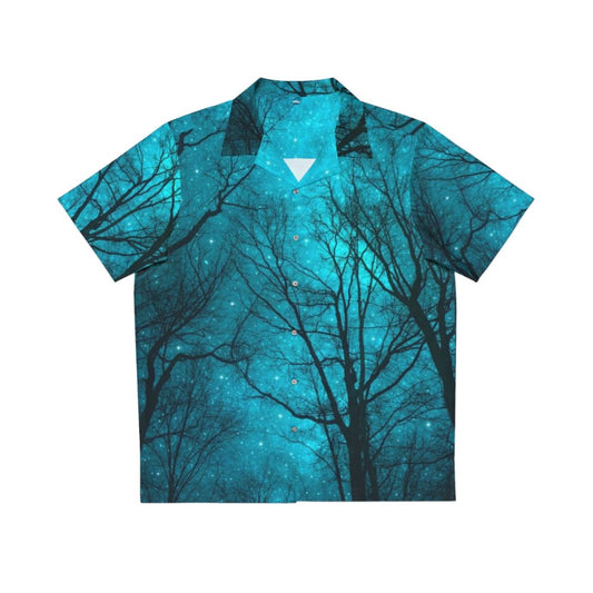 Galactic night sky Hawaiian shirt with abstract tree silhouettes