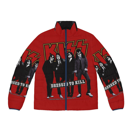 A red puffer jacket with the iconic Kiss band logo and makeup design