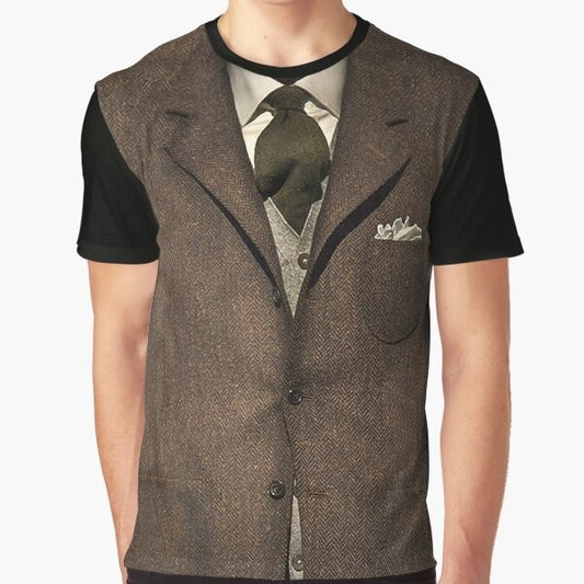 A vintage-inspired graphic t-shirt featuring a dapper gentleman in a suit and tie.