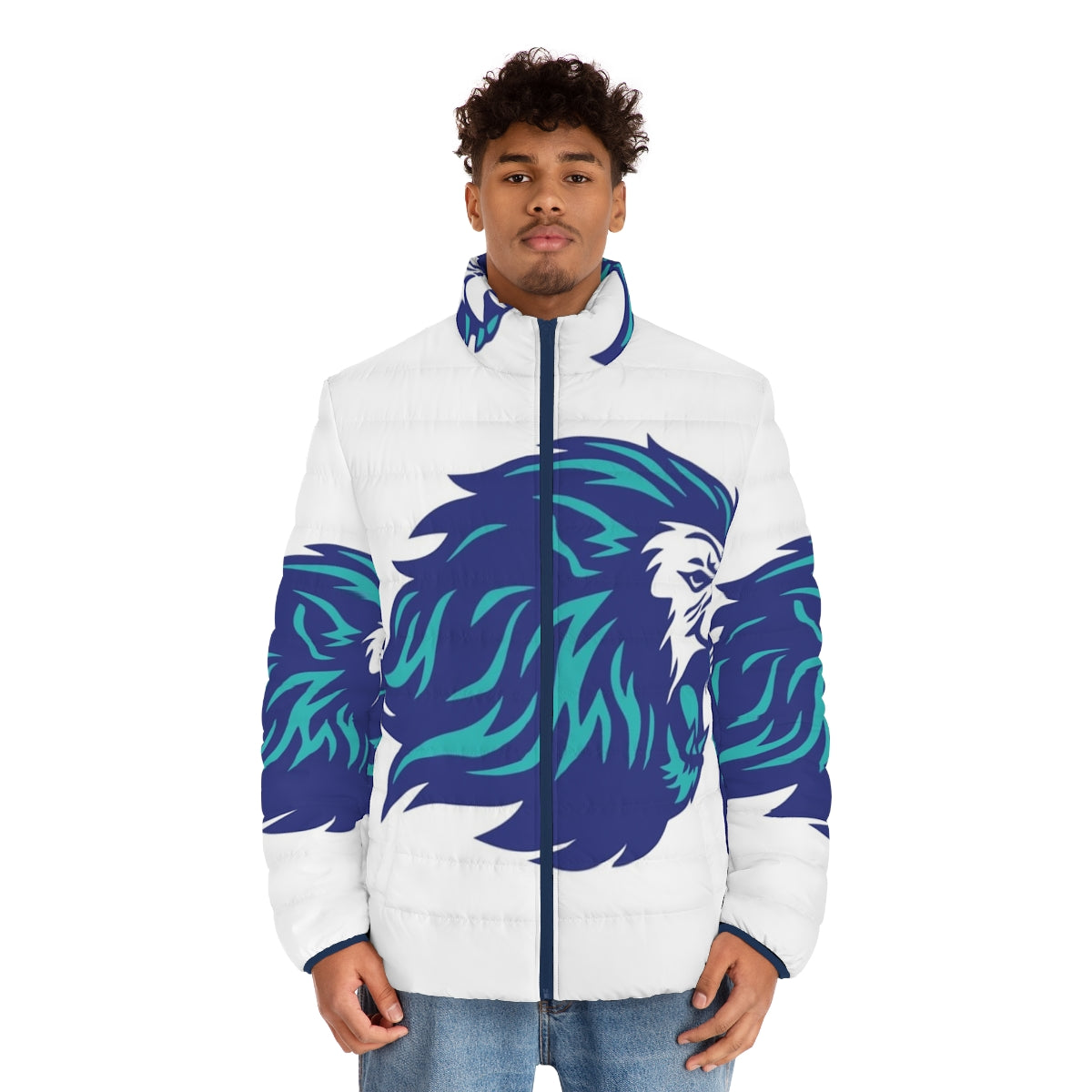 Blue puffer jacket with animal power graphic - men front