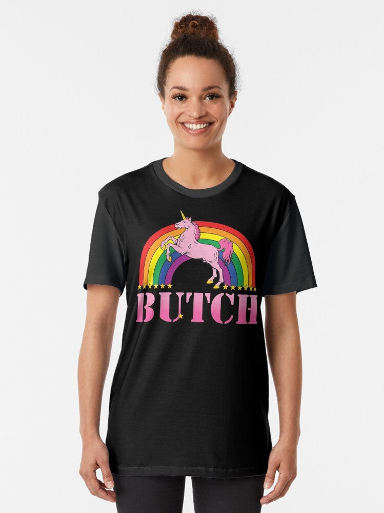 Butch Pride Graphic T-Shirt featuring a unicorn and rainbow design for the LGBTQ+ community - Women