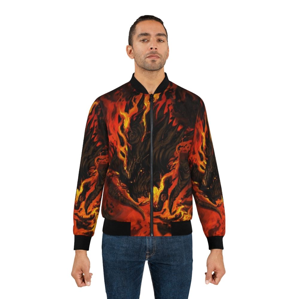 Fiery devil-inspired bomber jacket with flames and red accents - Lifestyle