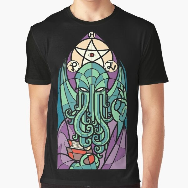 Cthulhu cosmic horror graphic t-shirt design featuring H.P. Lovecraft Cthulhu mythos elements like tentacles, cephalopod, and occult symbols