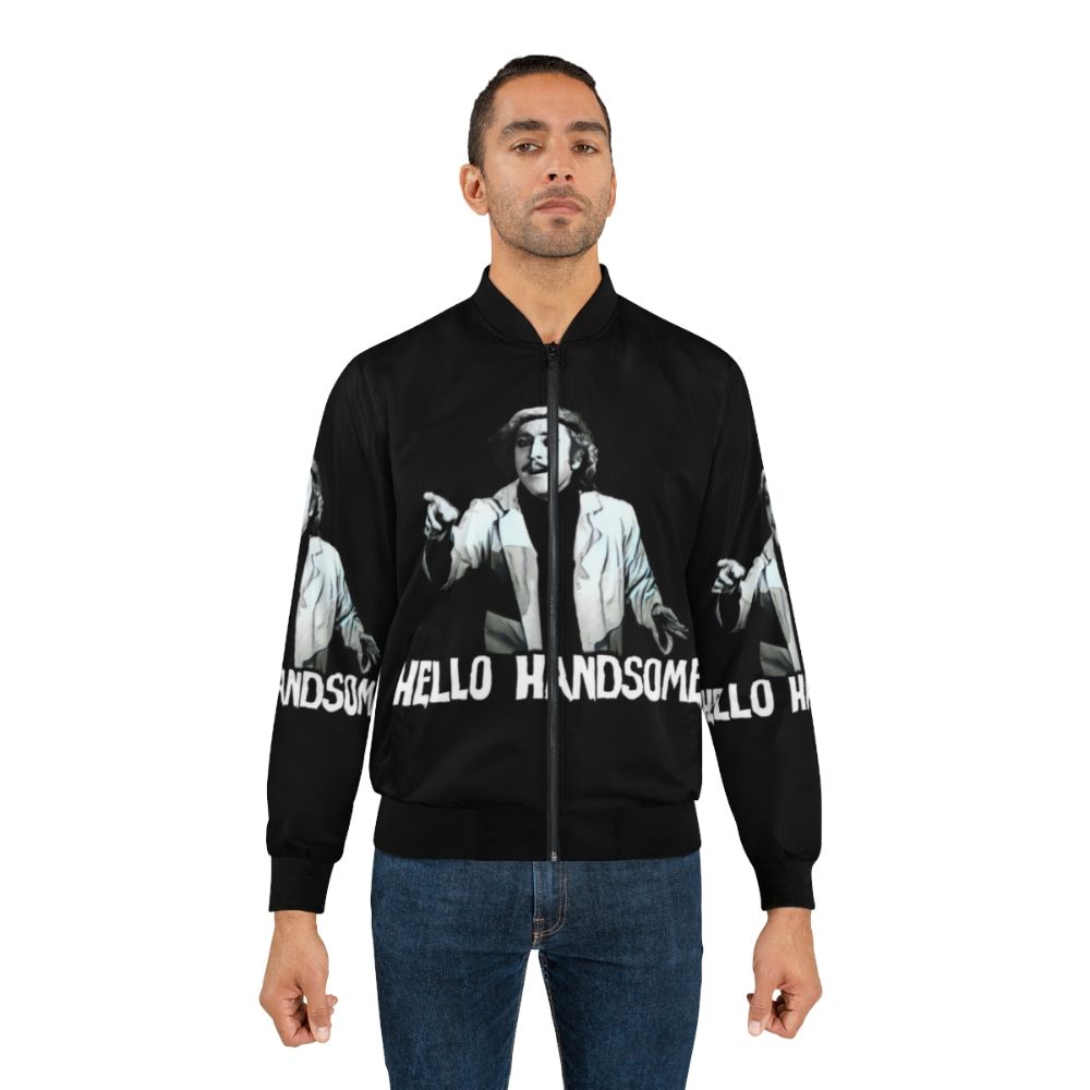 Retro 80s style bomber jacket featuring a Frankenstein and Mel Brooks pop art design - Lifestyle