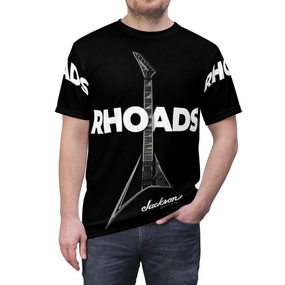 T-shirt featuring the iconic Jackson Rhoads guitar design, perfect for guitar and heavy metal music enthusiasts. - men front