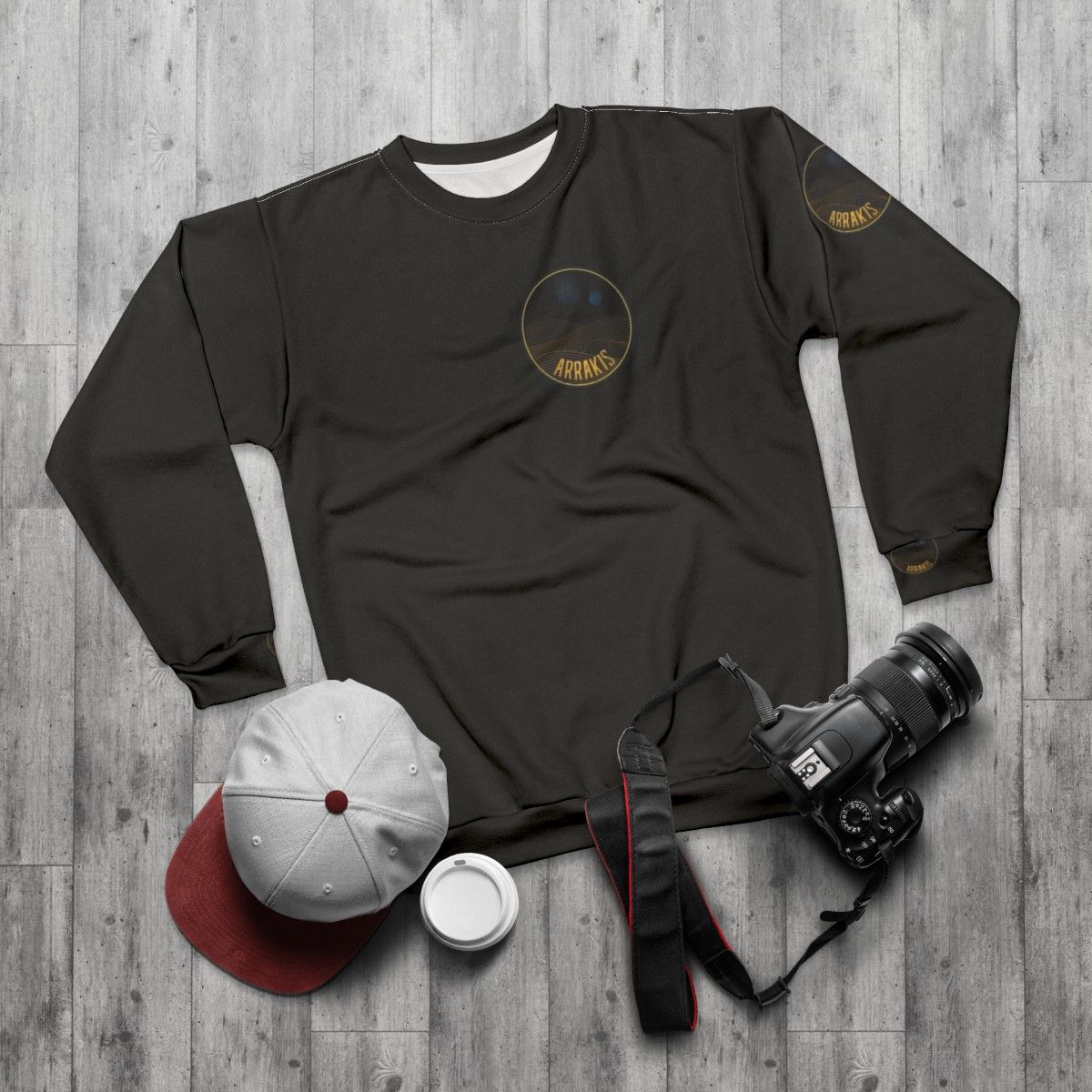 Arrakis Dune Sweatshirt with desert planet landscape - flat lay