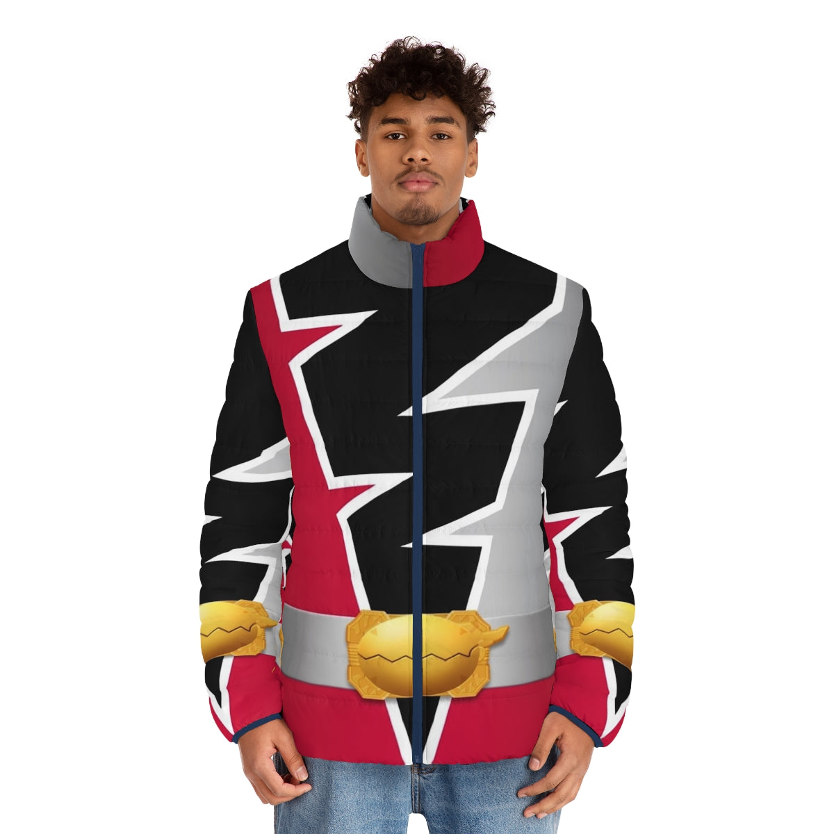 Ryusoulger Puffer Jacket in red featuring dinosaur and super sentai design - men front