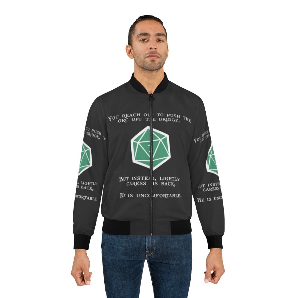 Orc-themed bomber jacket with a natural 1 design, perfect for D&D fans and tabletop RPG enthusiasts. - Lifestyle