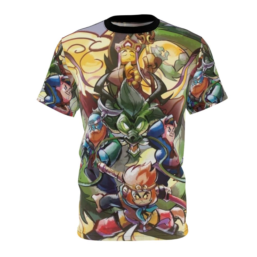 Monkie Kid inspired illustration of Sun Wukong, the Monkey King, on an all-over print custom T-shirt.