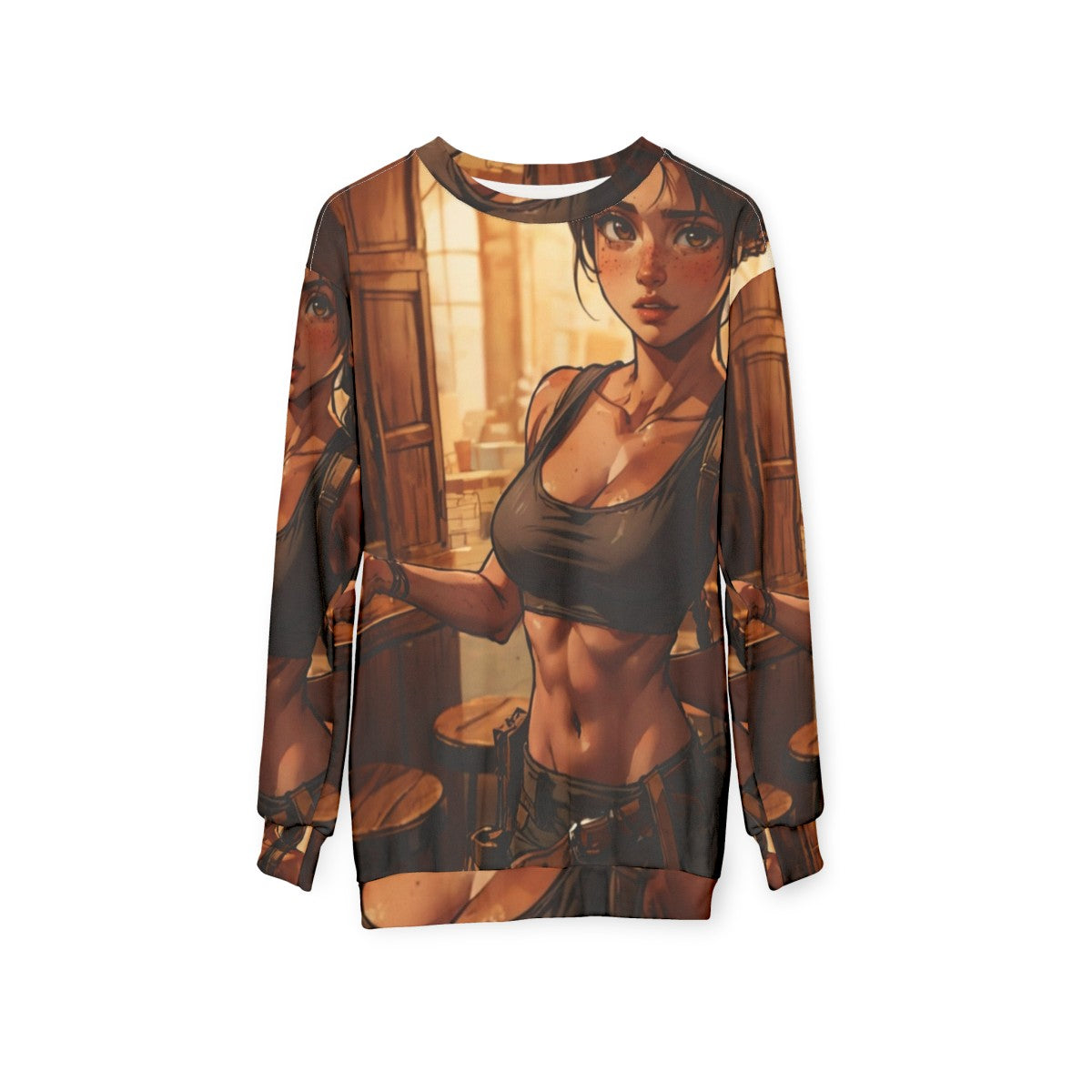 Young Lara Croft-inspired sweatshirt design - hanging