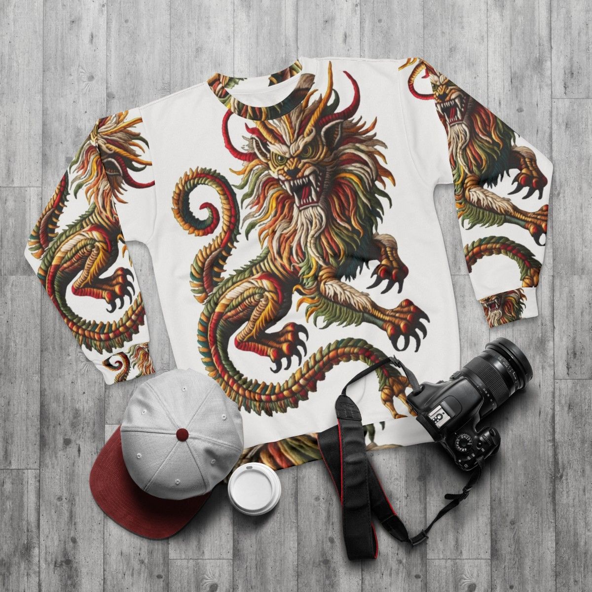 Manticore embroidered sweatshirt, fantasy beast - flat lay