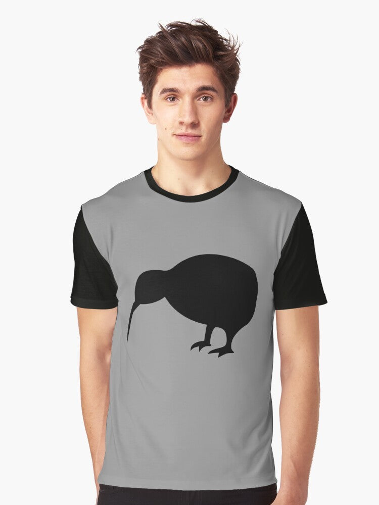 A black t-shirt with a kiwi graphic design, representing the national symbol of New Zealand. - Men