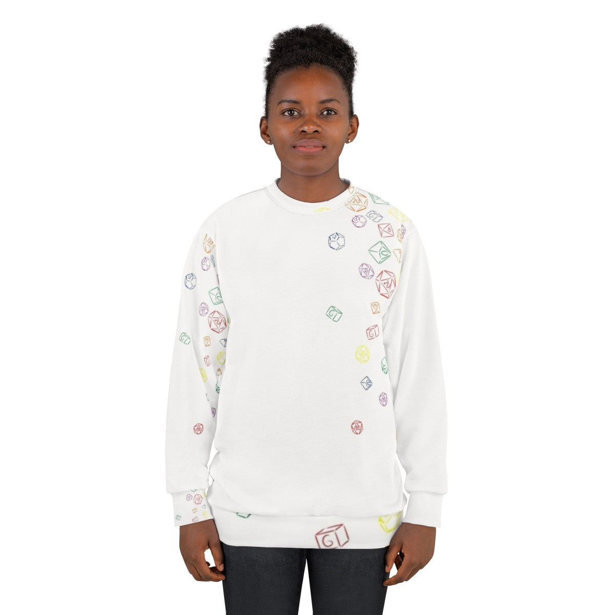 Colorful sweatshirt with a vibrant dice pattern design - women