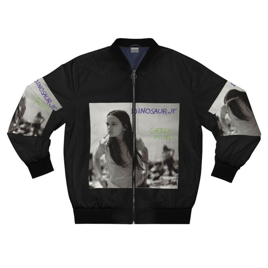 Green bomber jacket with a dinosaur band album cover design