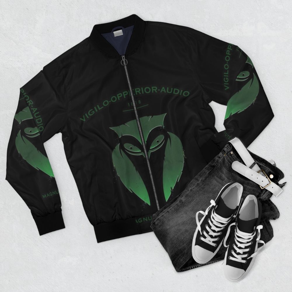 Dark bomber jacket with podcast, horror, and gothic design elements - Flat lay